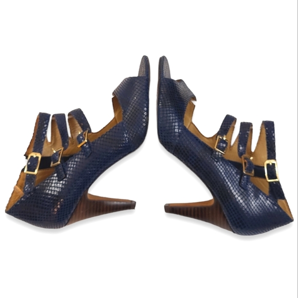 Isola Womens 7.5 Navy Blue Snake Embossed Triple Strap Buckle Open Peep … - Picture 4 of 15